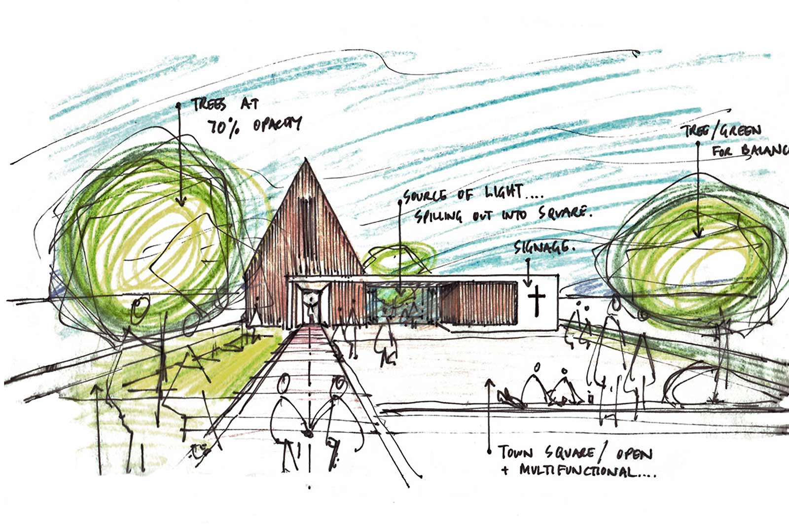 Skizze für Neubau einer Kirche mit Holzbau Fassaden in Hasloh