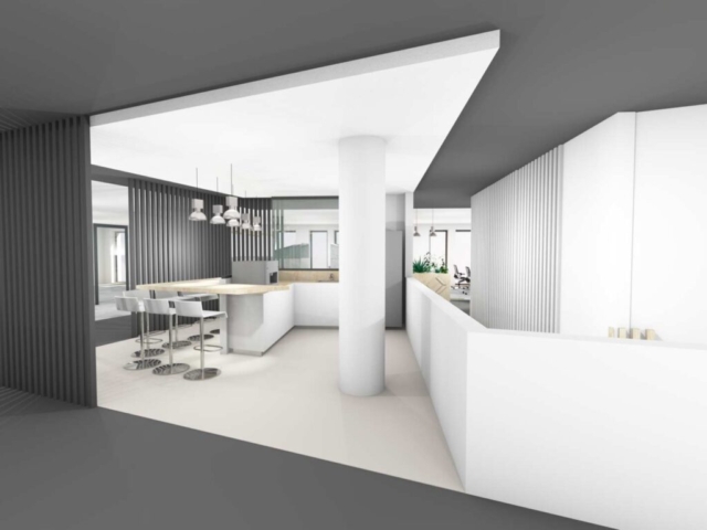 3D-Visualisierung Cafeteria, Neubau Bürogebäude mit repräsentativer Banknutzung