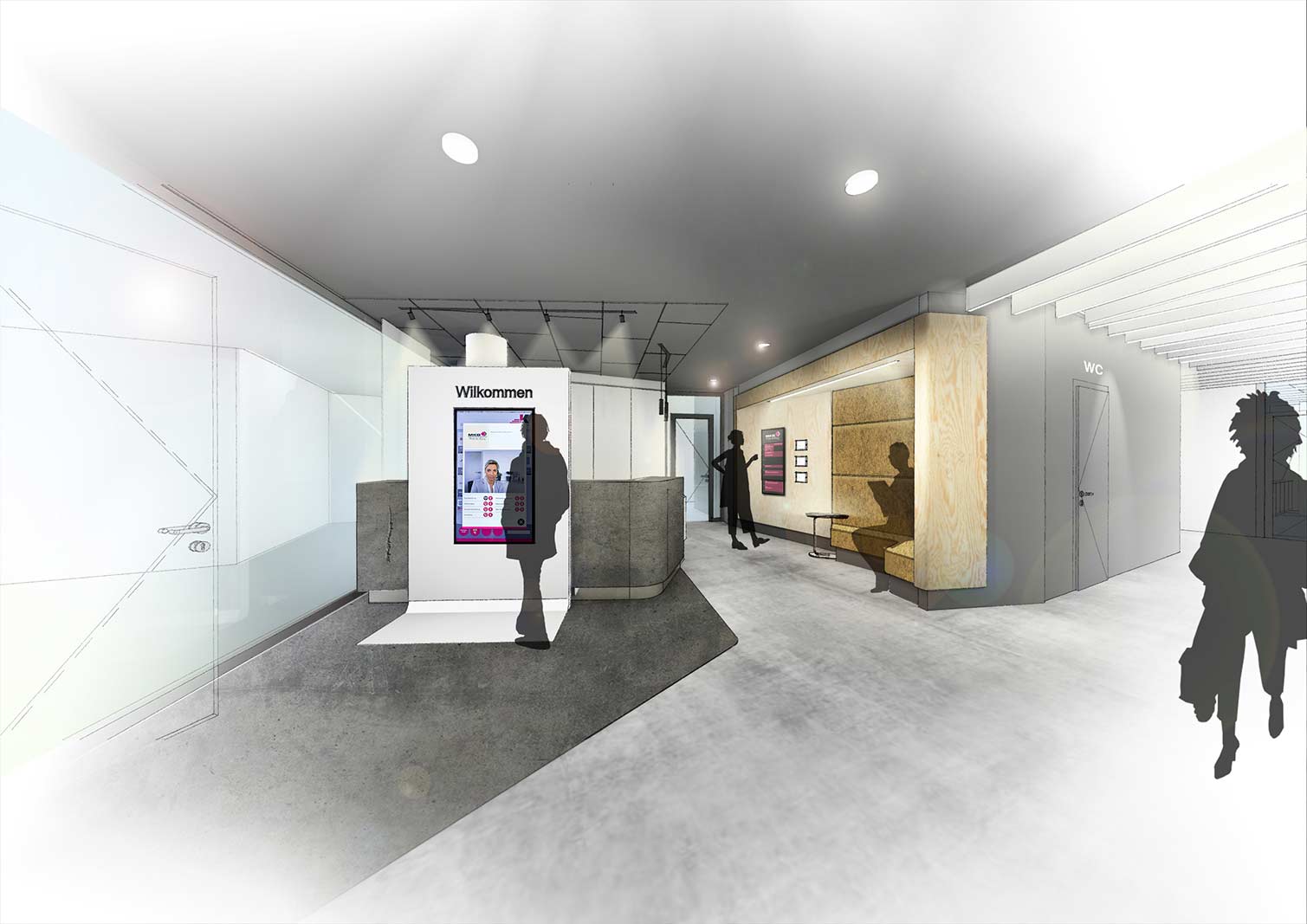 Visualisierung Eingangsbereich, Neubau Bürogebäude mit repräsentativer Banknutzung