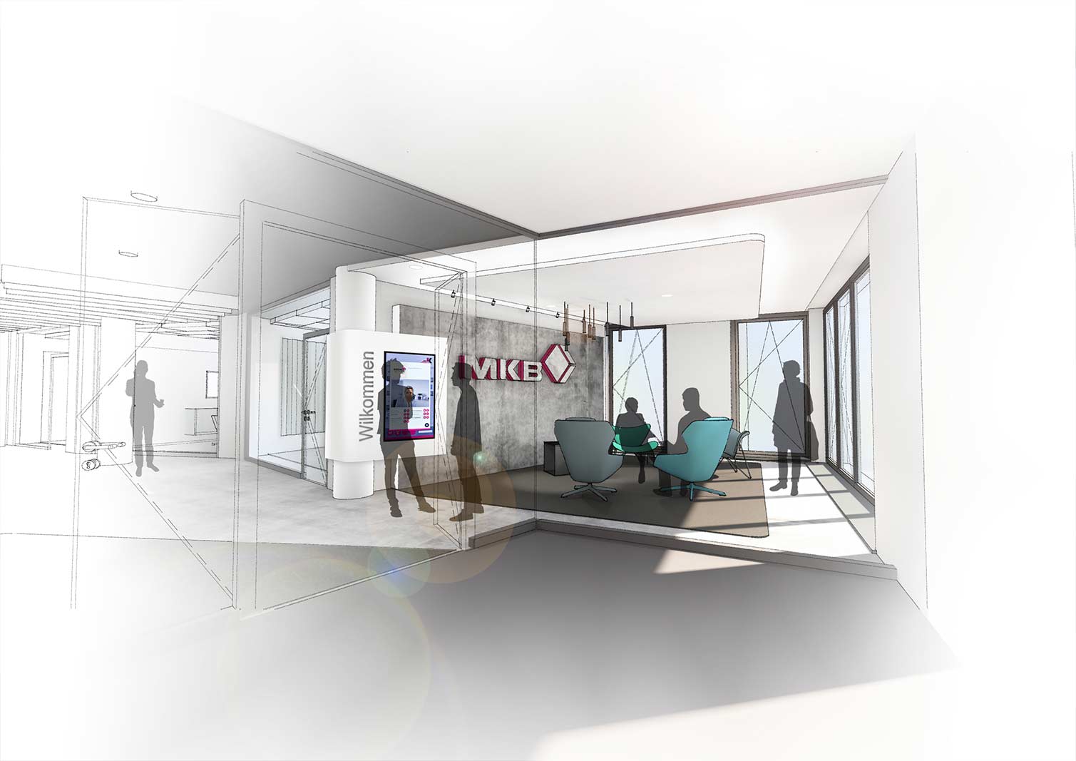 Visualisierung Foyer, Neubau Bürogebäude mit repräsentativer Banknutzung