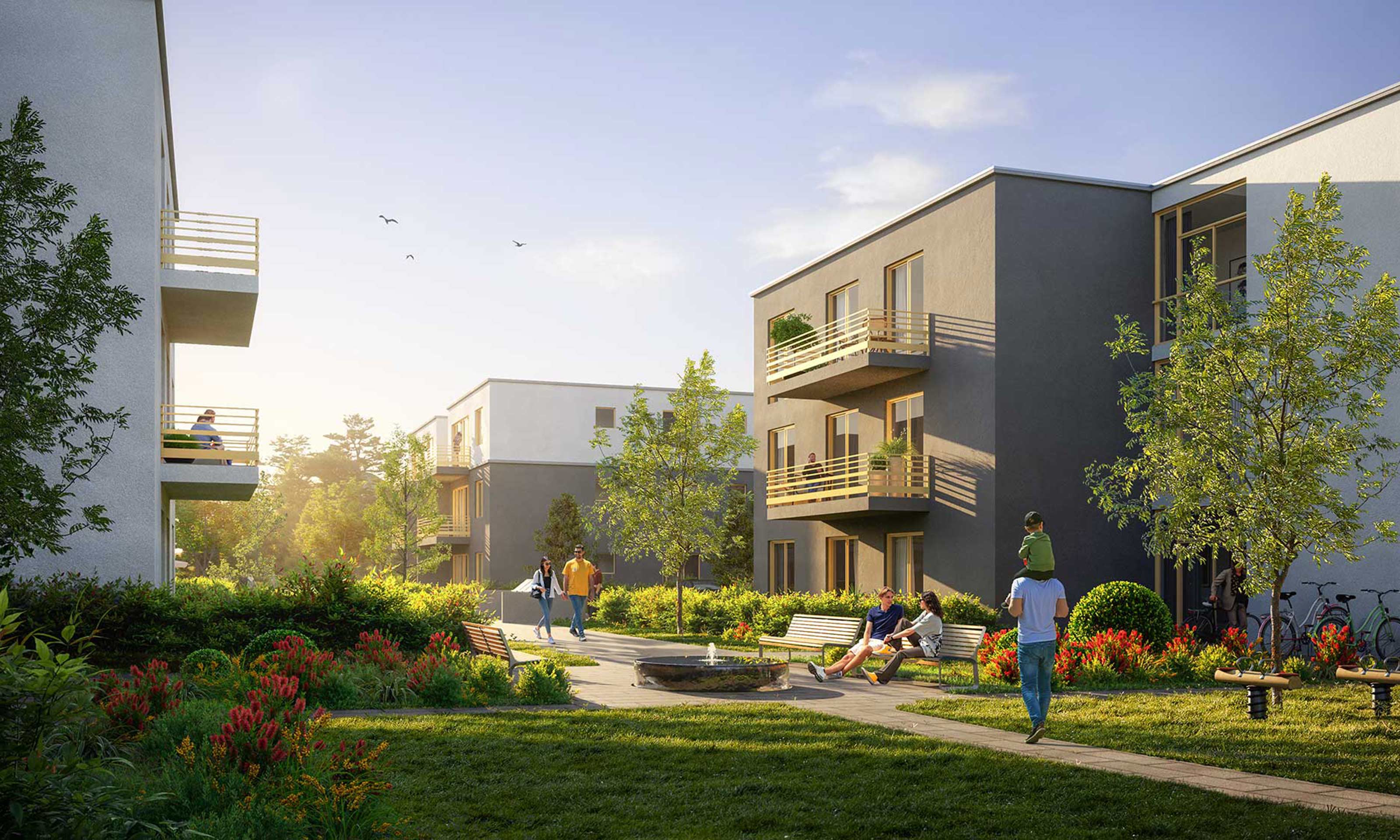 Fussweg bei Tag, Neubau Wohnquartier mit 140 Wohnungen in Rehfelde