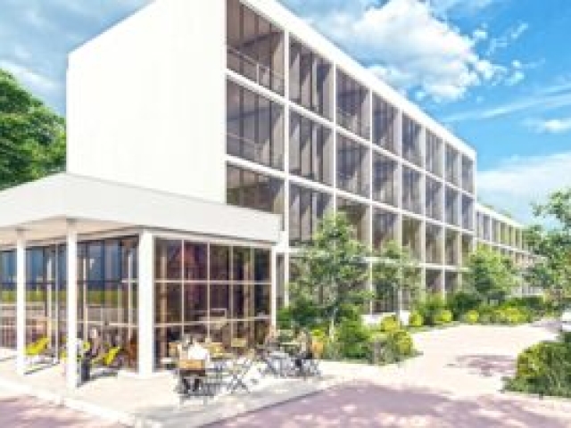 Sanierung Bürogebäude: Visualierung mit Café Visualisierung mit Café, Sanierung Bürogebäude