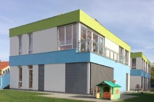 Außenansicht Gebäude, Südwestansicht, Kita Neubau in Bohnsdorf