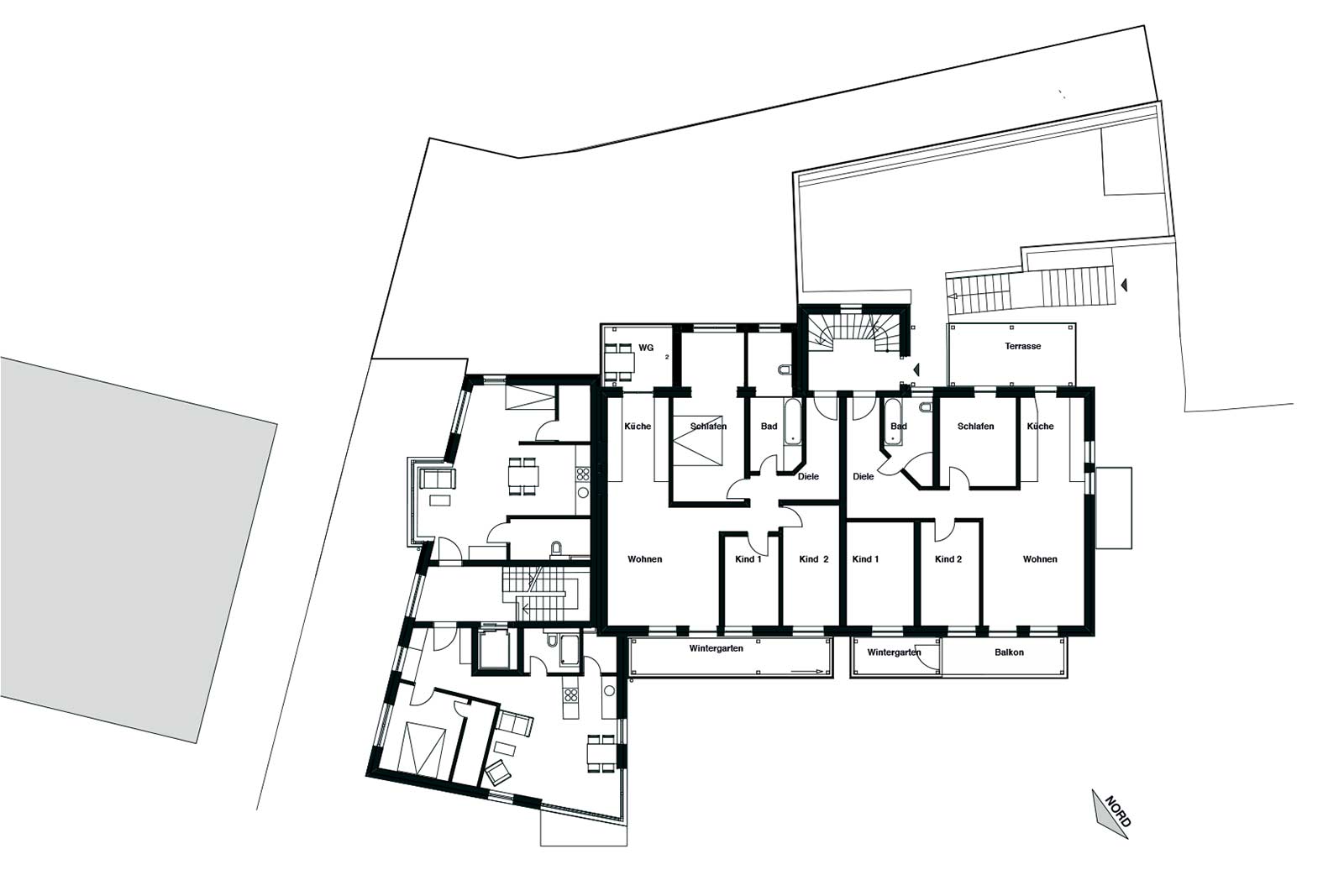 Grundriss 1. Obergeschoss: Mehrfamilienhaus mit 20 Wohnungen und Gewerbe in Potsdam