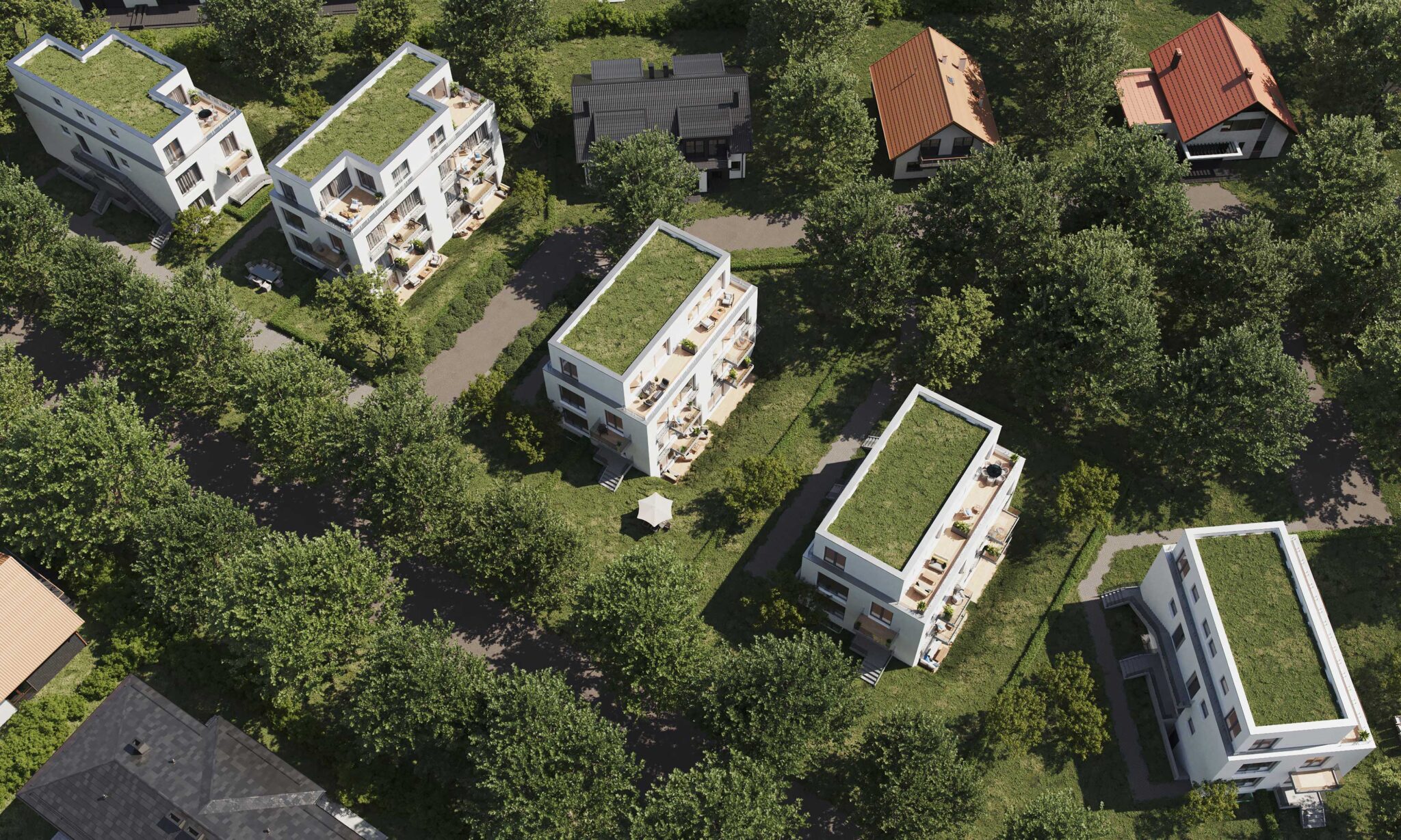 Neubau von 5 Mehrfamilienhäusern mit jeweils 4 Wohnungen in Berlin Rudow, Vogelperspektive